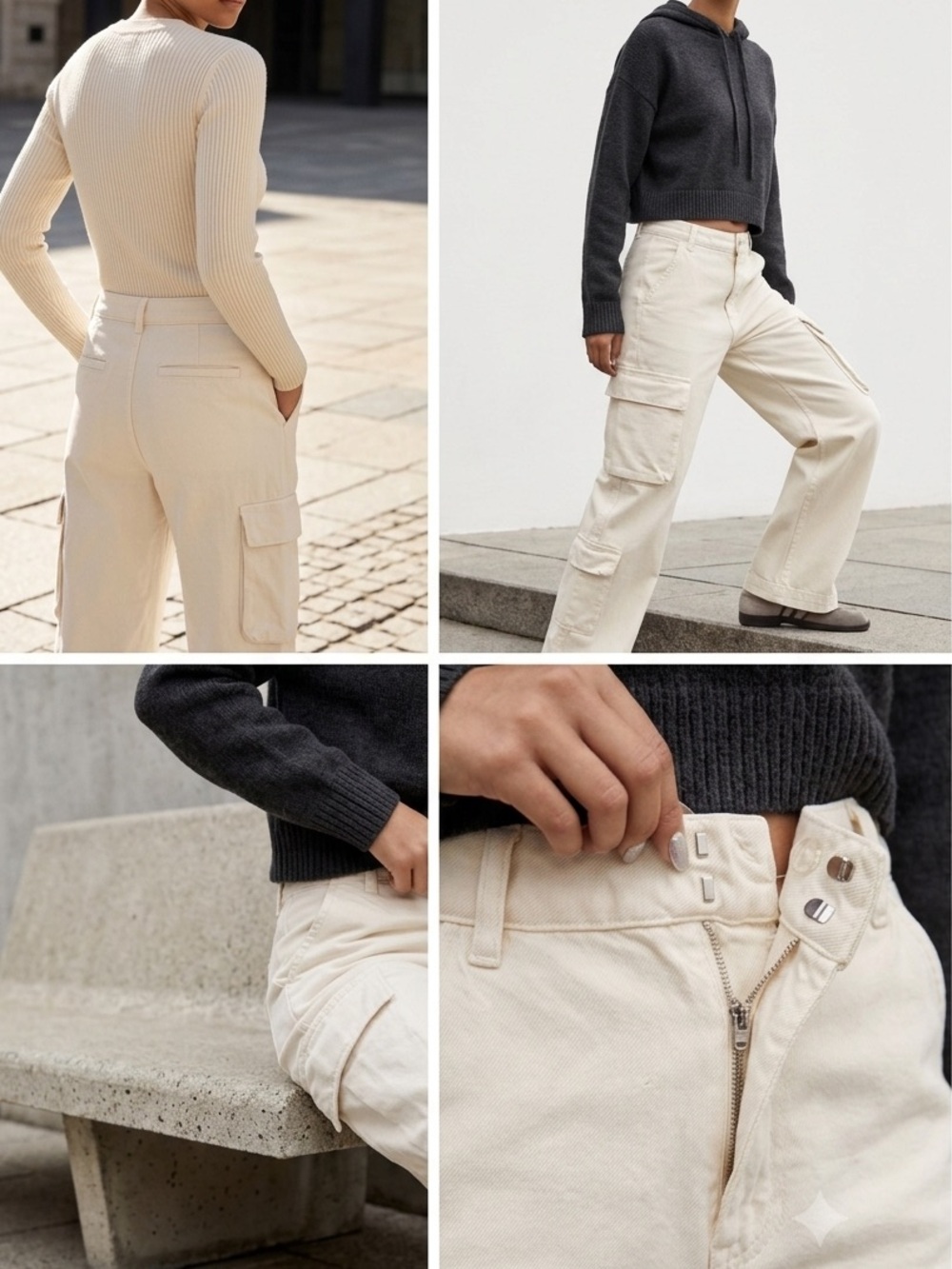 Zara Off-White Utility Cargo Pants - Wide Leg - Size S